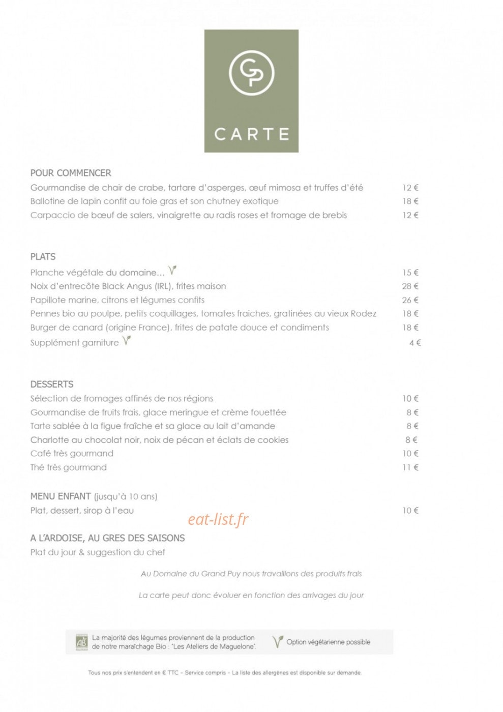 Carte et menu de Domaine du Grand Puy à Montpellier — La carte