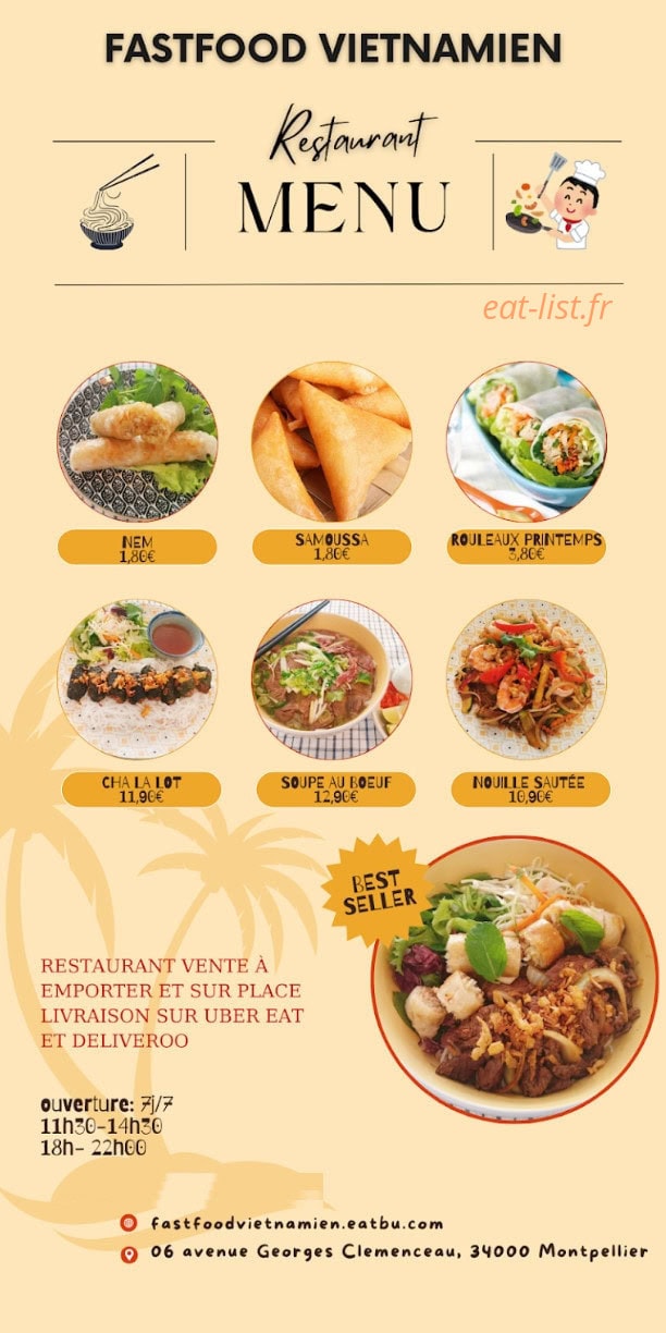 Carte et menu de Fast-food vietnamien à Montpellier — Exemple de menu