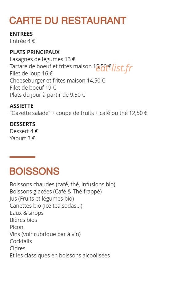 Gazette Café — carte page 1