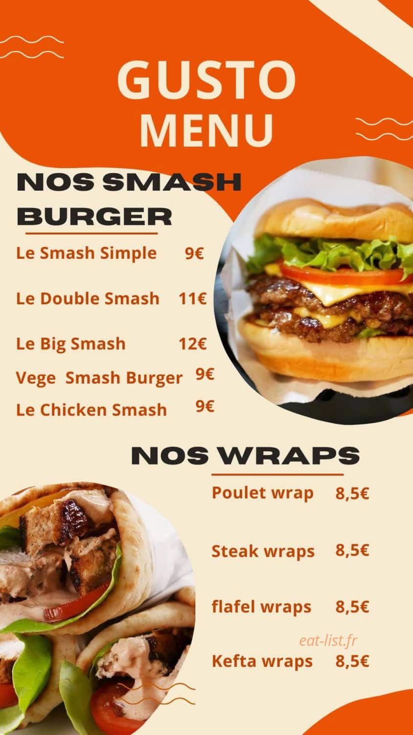 Gusto Smash Burger — carte page 1