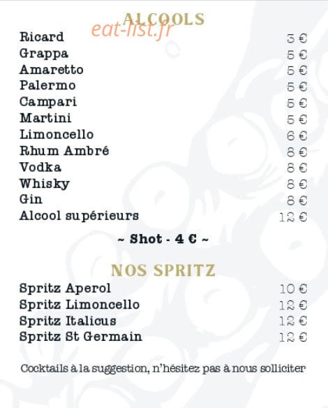 Carte et menu de Kraken La Nostra Italia à Montpellier — Les alcools et spritz