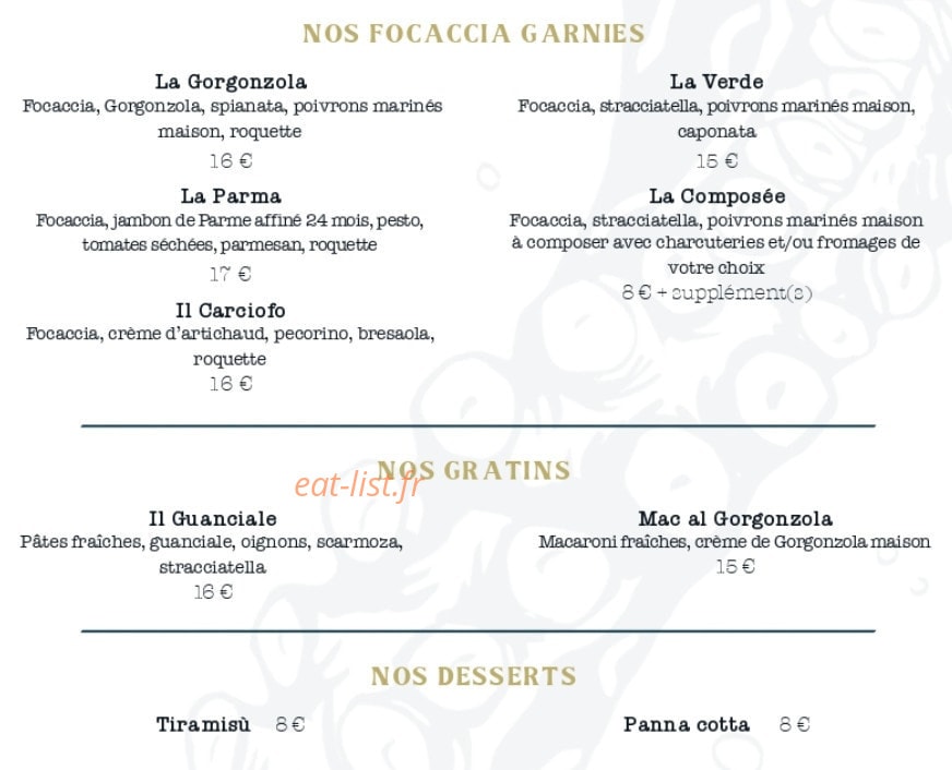 Carte et menu de Kraken La Nostra Italia à Montpellier — Les focaccia garnies, gratins et desserts