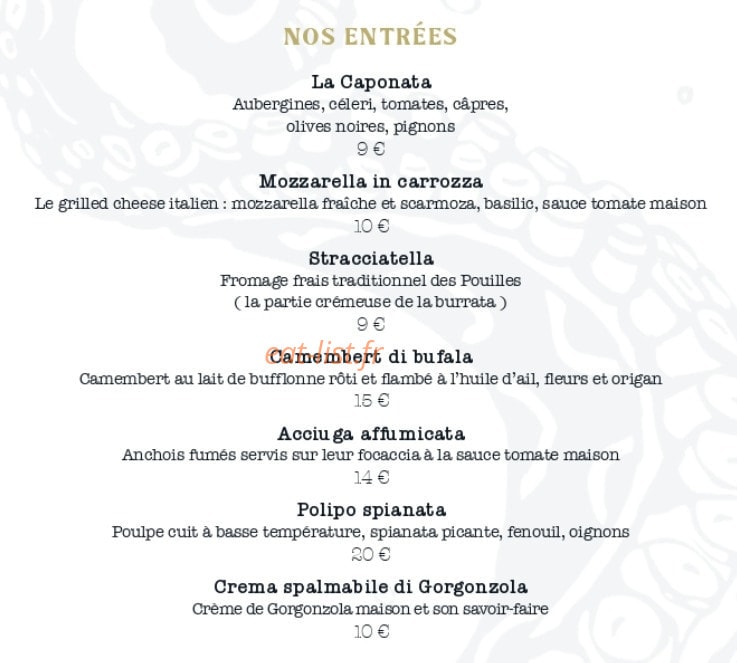 Carte et menu de Kraken La Nostra Italia à Montpellier — Les entrées