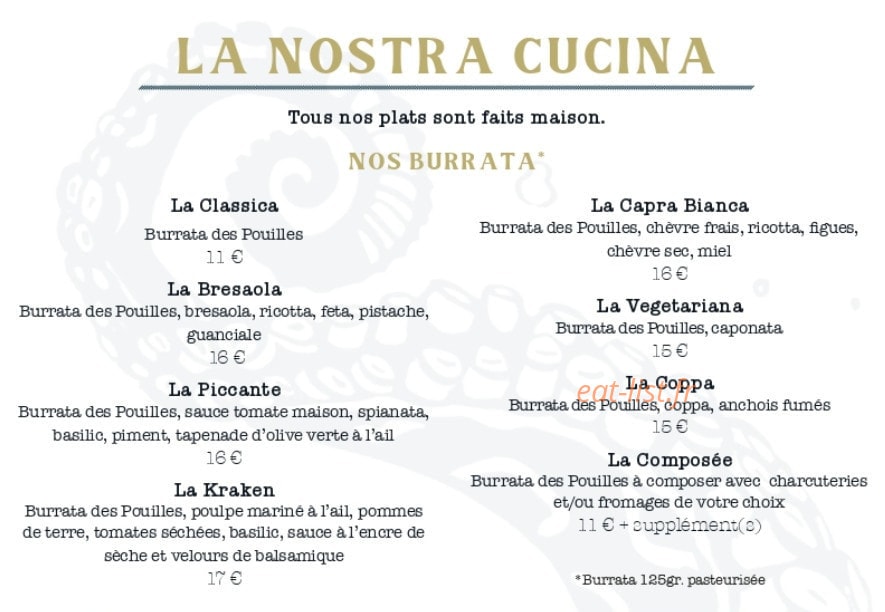 Carte et menu de Kraken La Nostra Italia à Montpellier — Les burrata