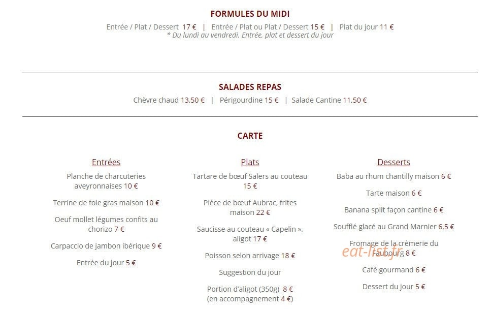 La Cantine du Faubourg — carte page 1