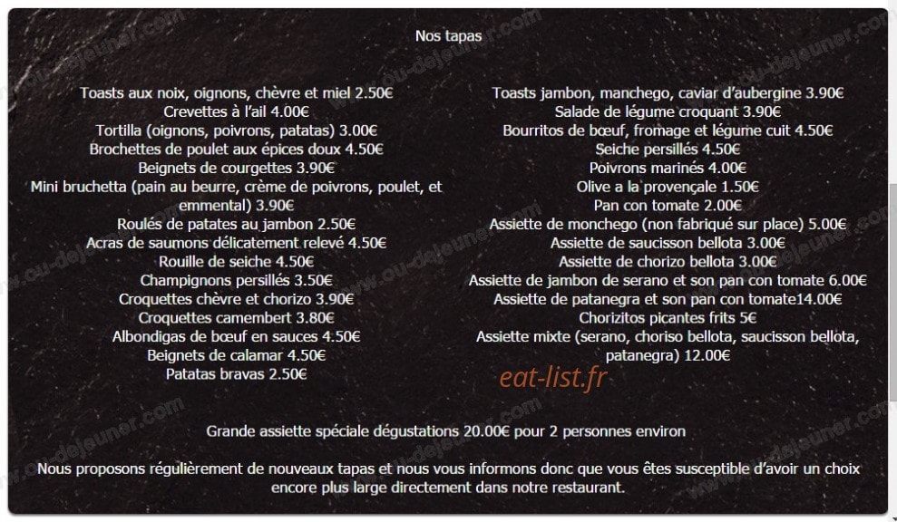 Le tapas — carte page 1