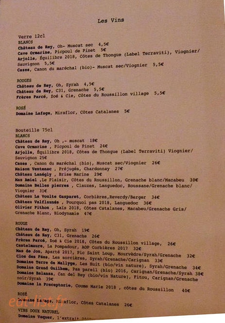 Carte et menu de Les gars de la marine à Montpellier — Les vins