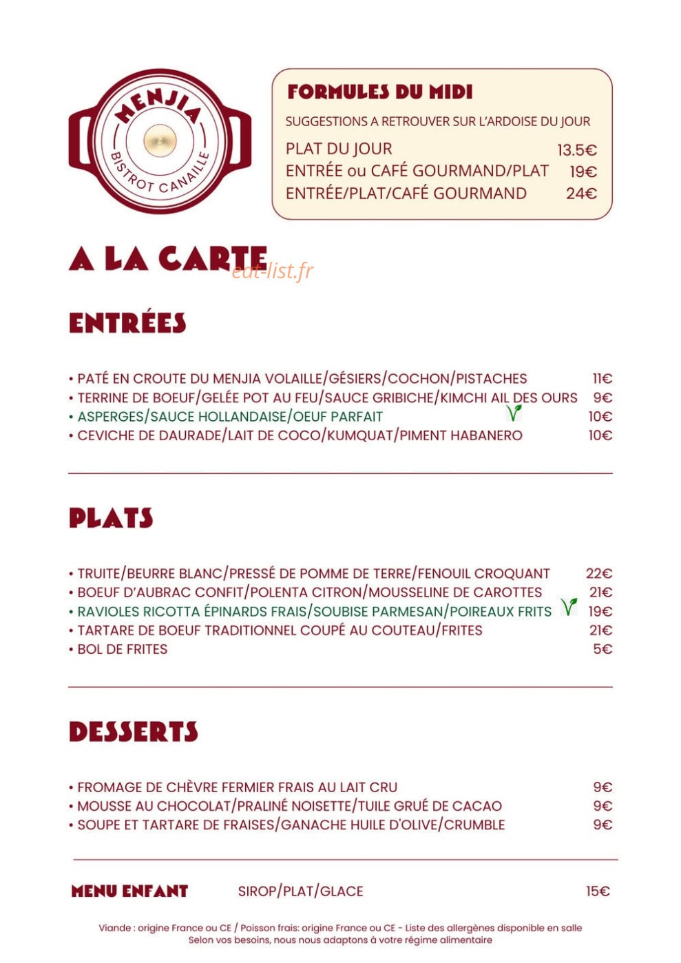 Menjia - Bistrot Canaille — carte page 1