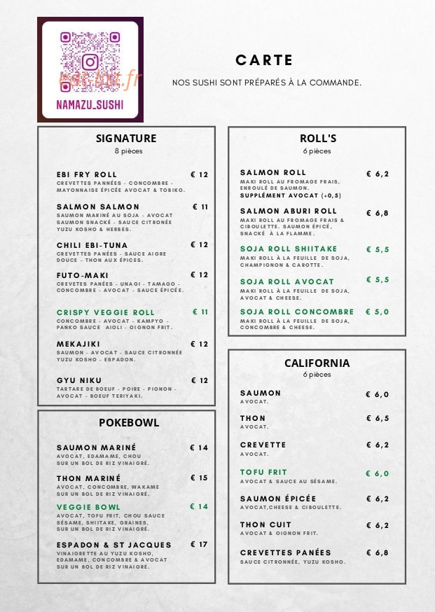 Namazu sushi — carte page 1