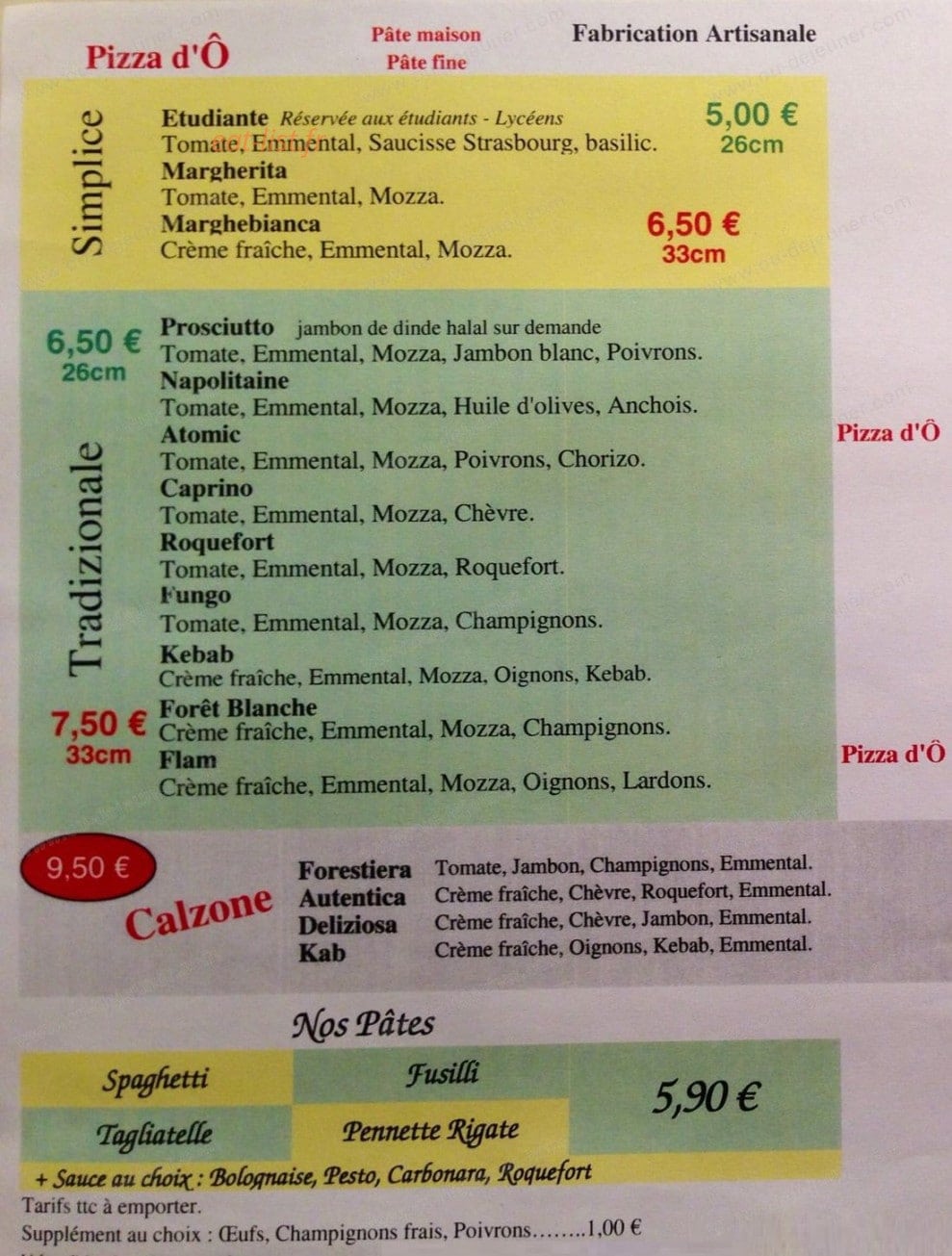 Pizza d'Ô — carte page 1