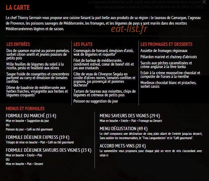 Restaurant les vignes — carte page 1