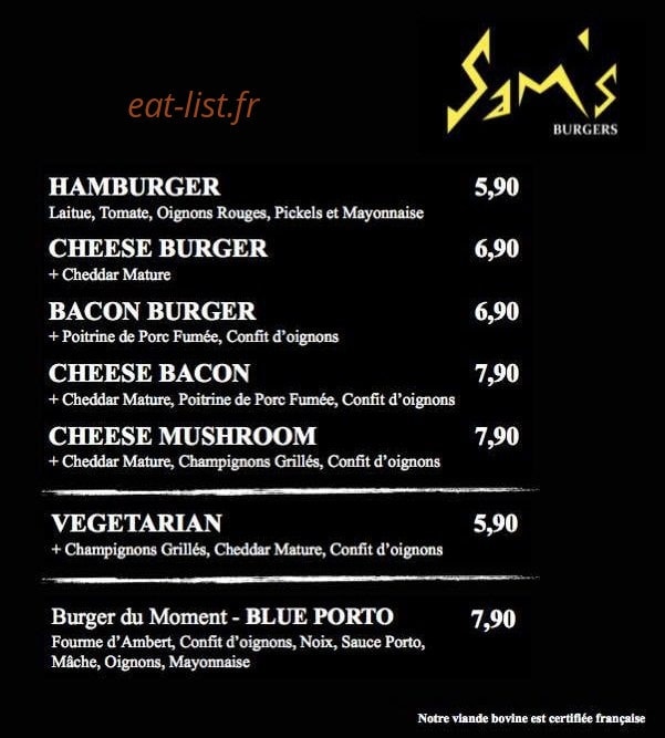 Sam's Burgers — carte page 1