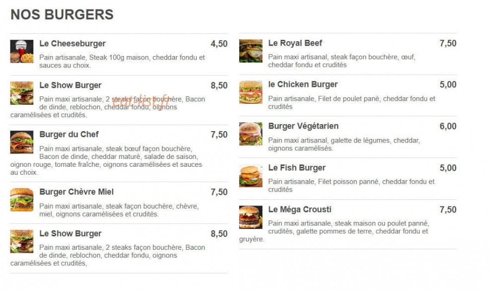Show Burger — carte page 1