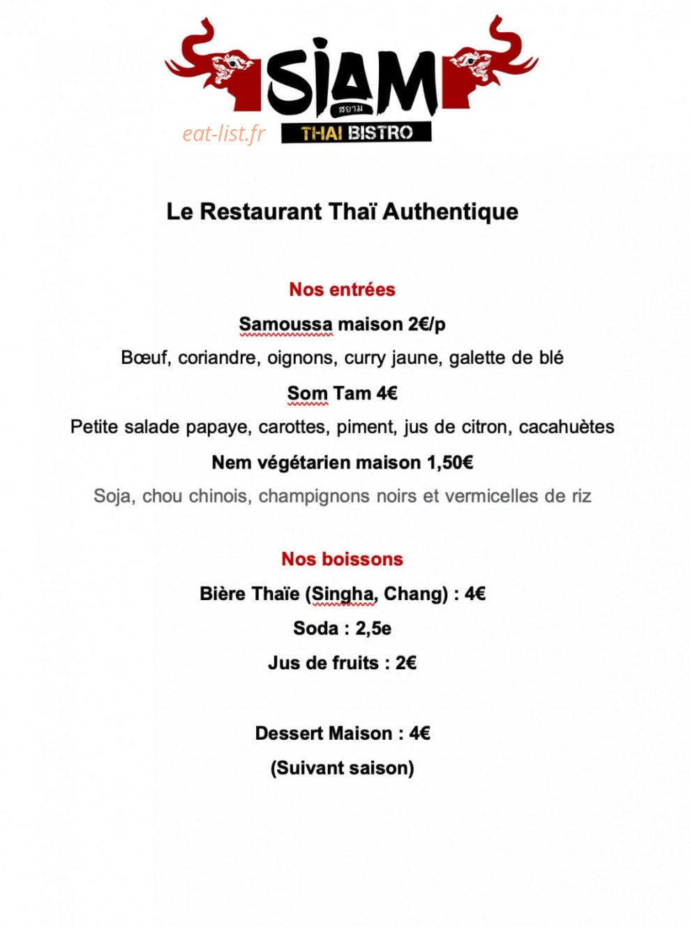 Siam Thai Bistro — carte page 1