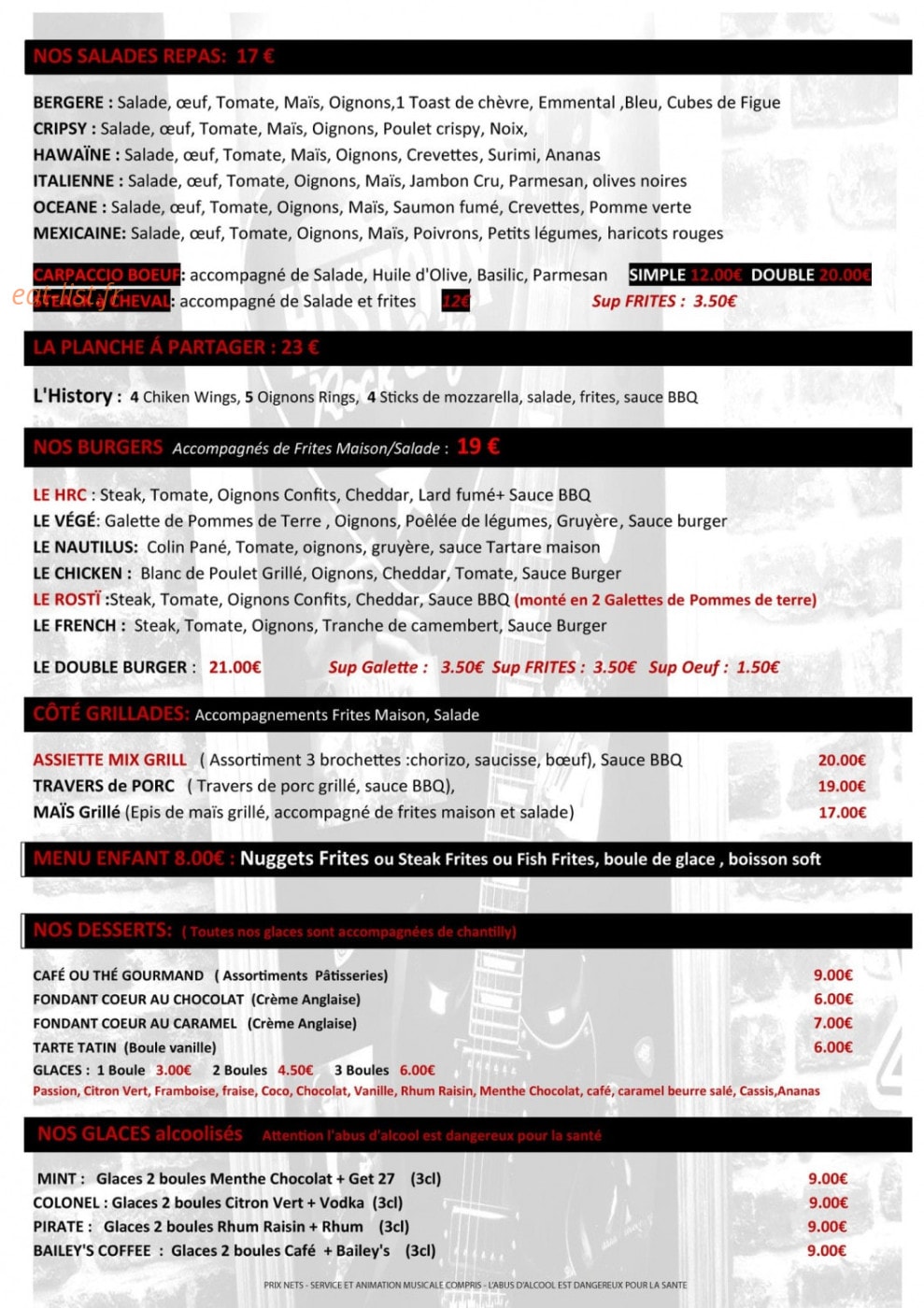 History Rock Cafe — carte page 1