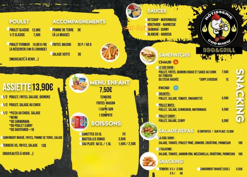 Carte et menu de Coq show rôtisserie à Pezenas — Les sandwichs, snacking et boissons,...