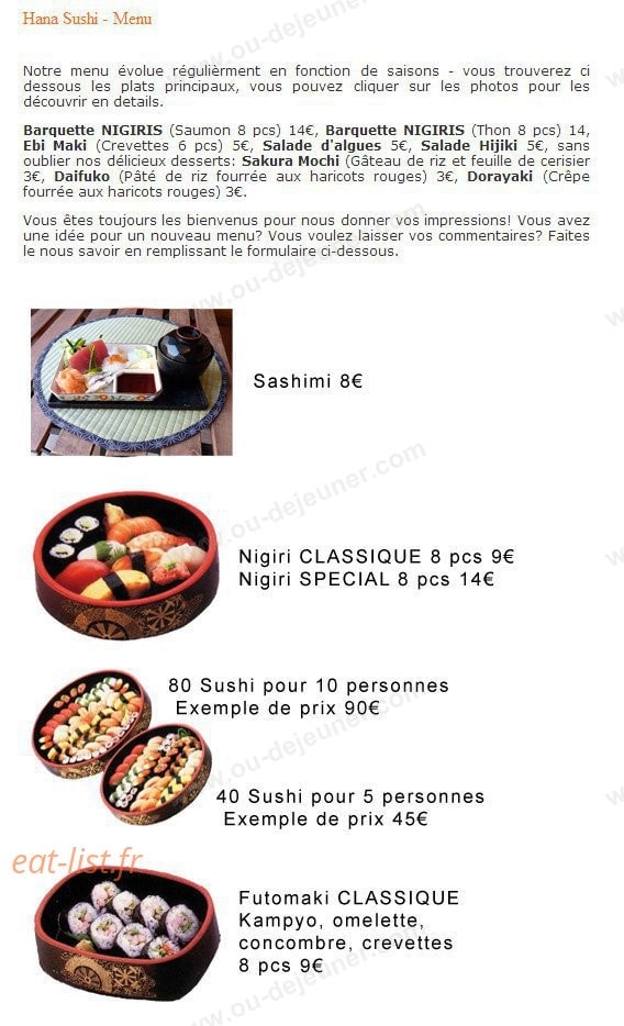 Hana Sushi — carte page 1