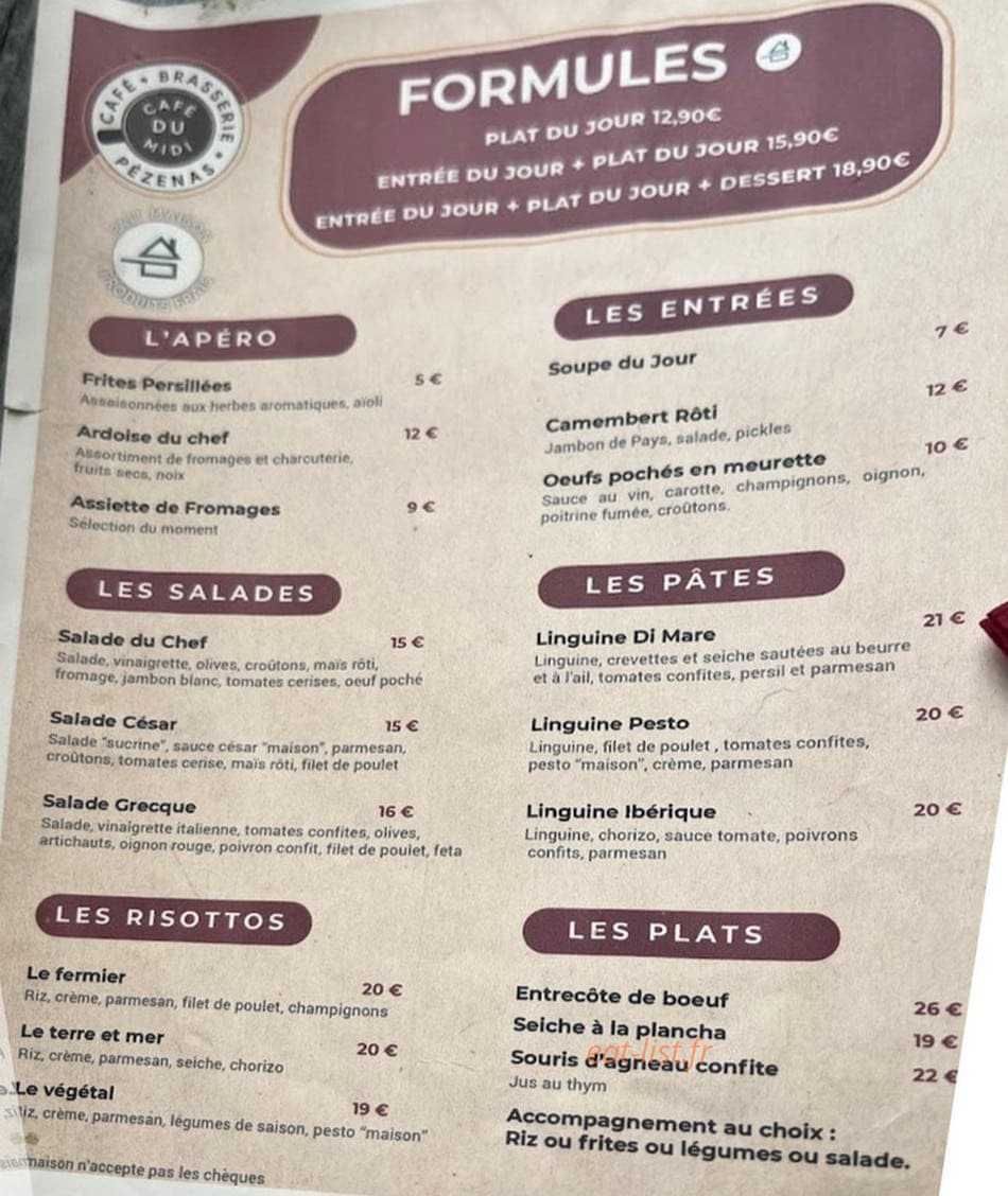 La Brasserie du midi — carte page 1