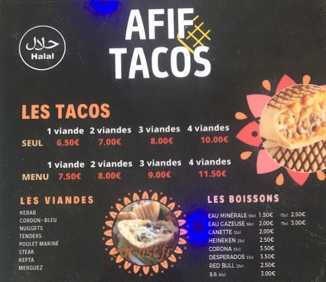 Afin Tacos — carte page 1