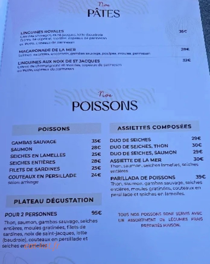Carte et menu de Le Lamparo à Mauguio — Pates, poissons