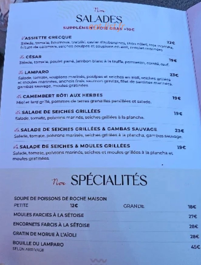 Carte et menu de Le Lamparo à Mauguio — Salades, spécialités