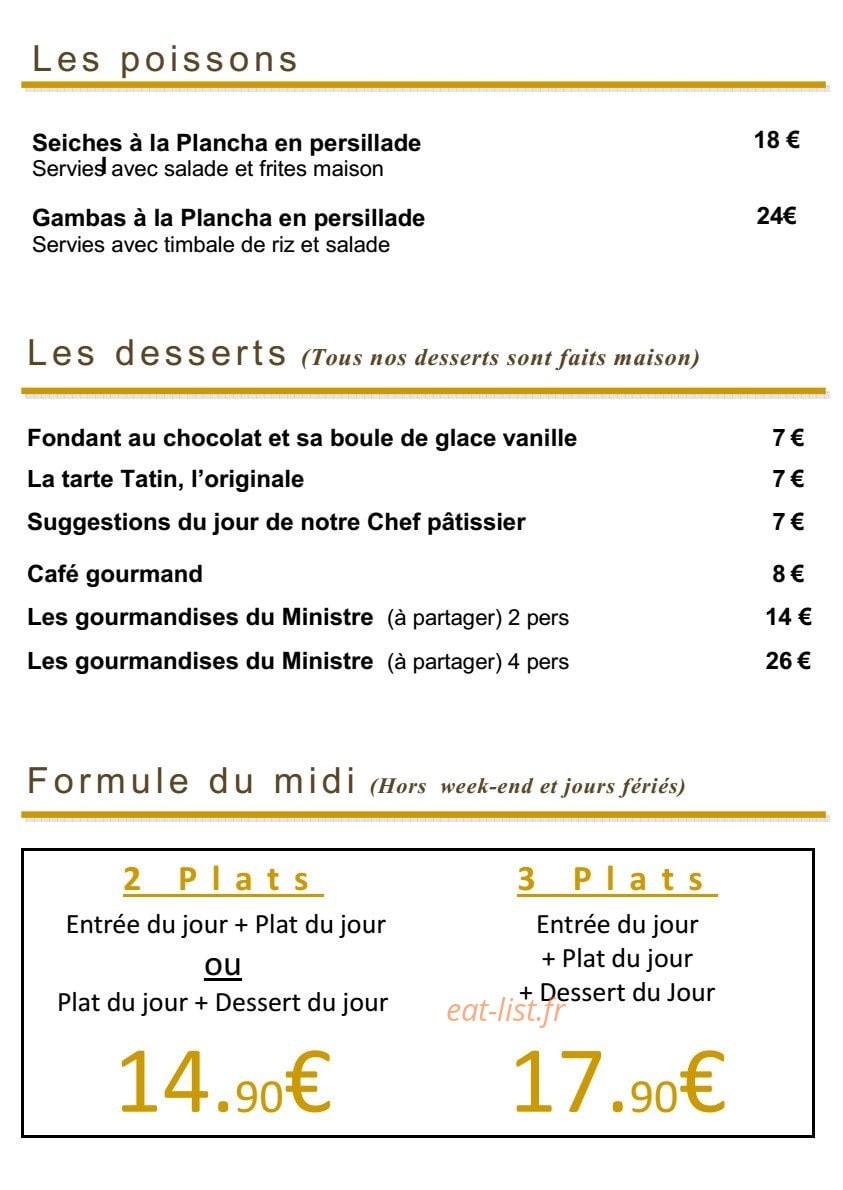 Carte et menu de Le Mas du Ministre à Mauguio — Les poissons, desserts et formules