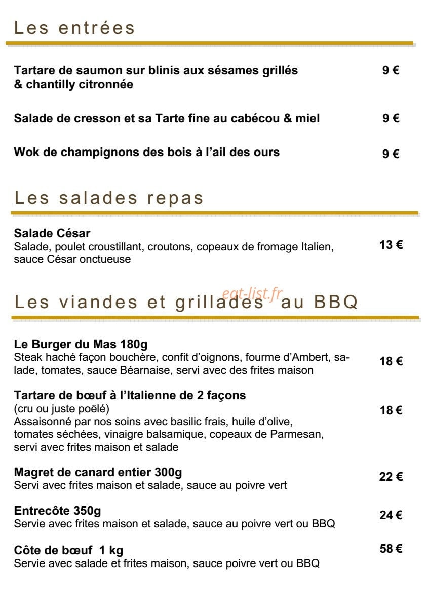 Carte et menu de Le Mas du Ministre à Mauguio — Les entrées, salades repas, viandes,...