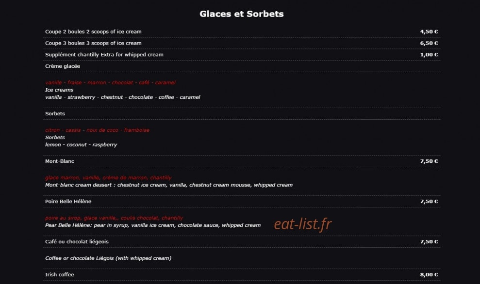 Carte et menu de Chez Julie à Bouzigues — Glaces et sorbets