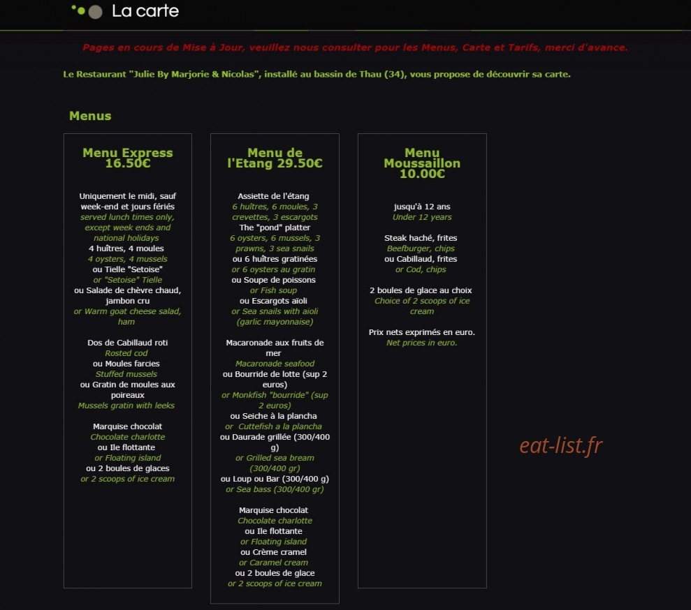 Carte et menu de Chez Julie à Bouzigues — Menus