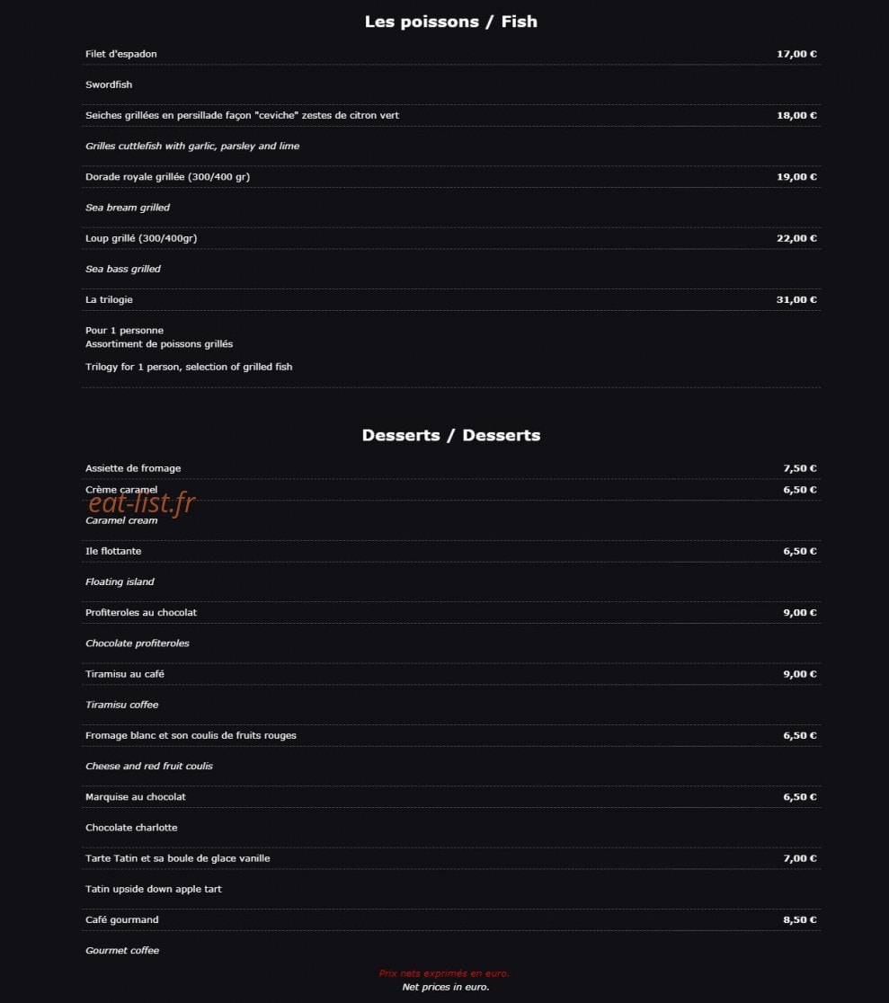 Carte et menu de Chez Julie à Bouzigues — Poissons et desserts
