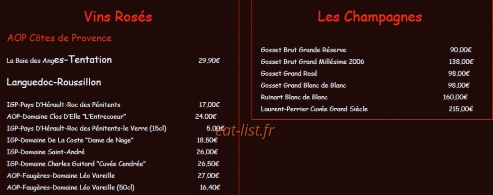 Carte et menu de La Palourdiére à Bouzigues — Les vins rosés et champagnes