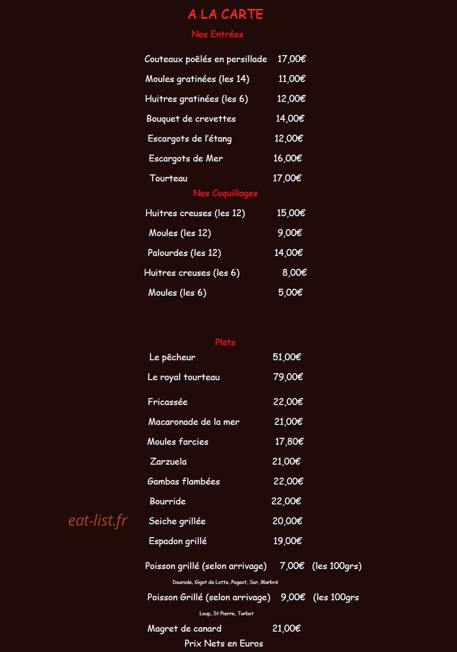 Carte et menu de La Palourdiére à Bouzigues — A la carte