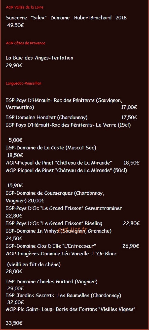 Carte et menu de La Palourdiére à Bouzigues — Les vins blancs suite