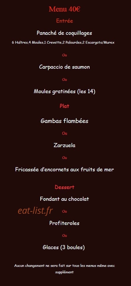 Carte et menu de La Palourdiére à Bouzigues — Menu 40€