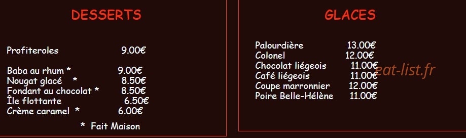 Carte et menu de La Palourdiére à Bouzigues — Les desserts et glaces