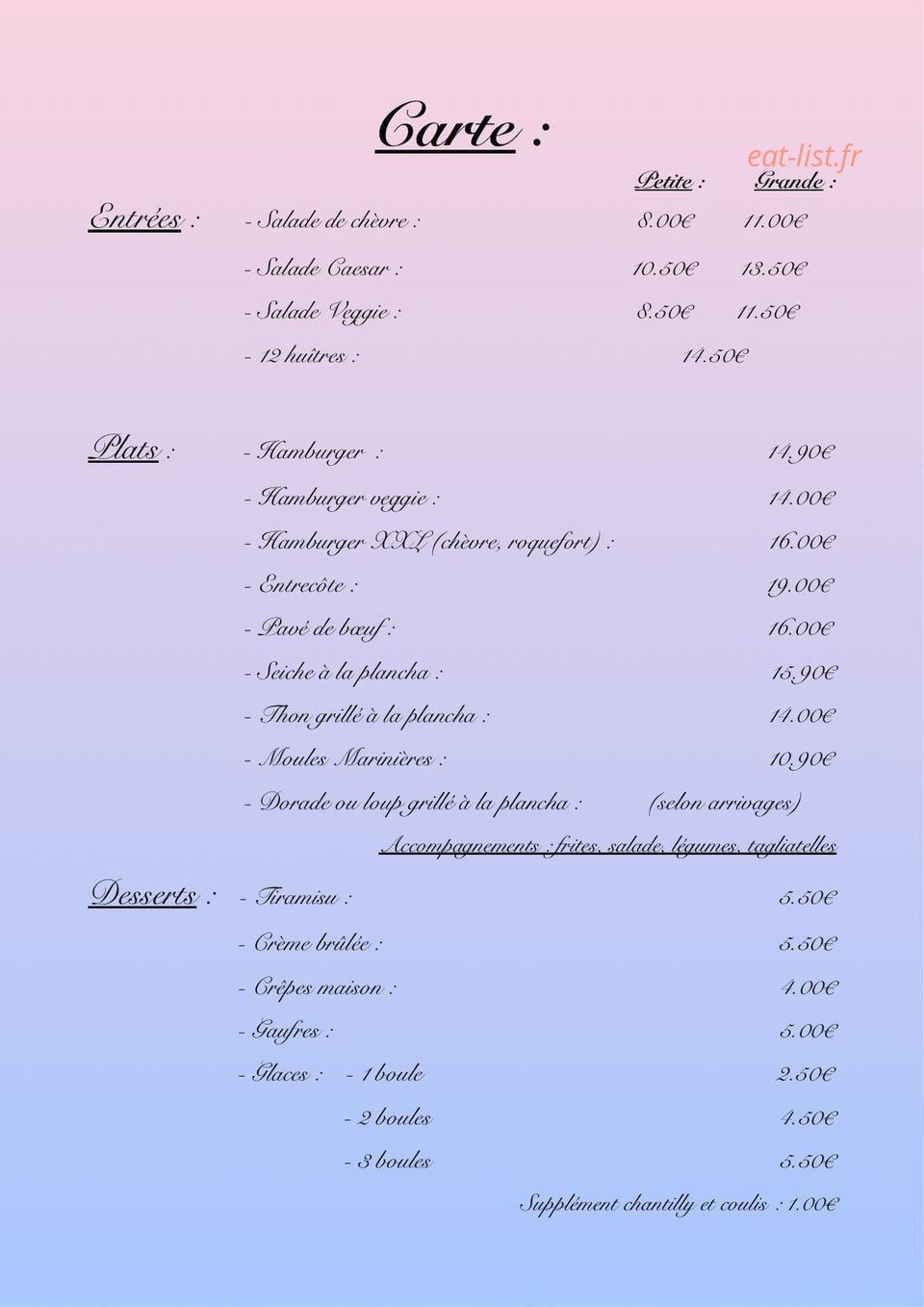 Sun Beach Cafe — carte page 1