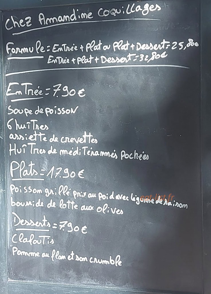 Carte et menu de Amandine Coquillages à Gignac — Un exemple de menu du jour