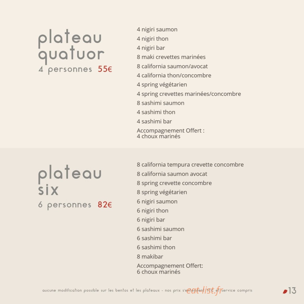 Carte et menu de Sushi by Les Caves Gourmandes à Gignac — Les plateau quatior, plateau six
