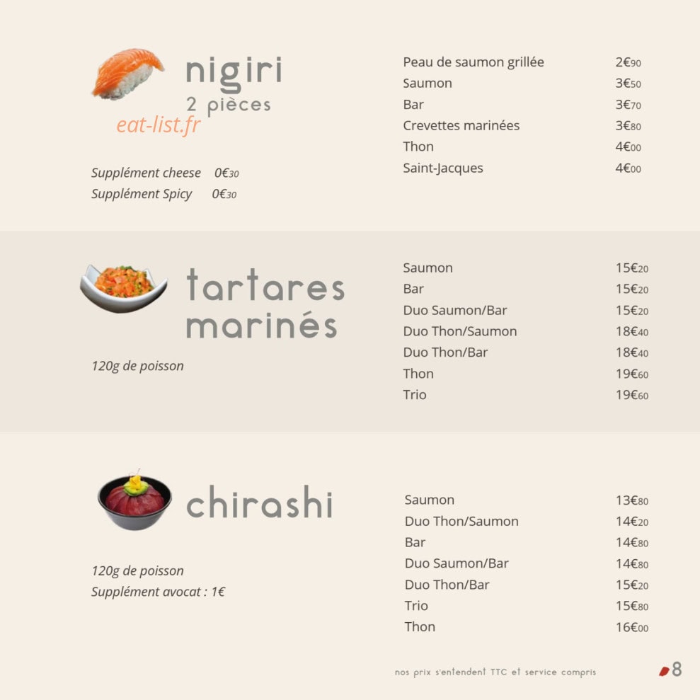 Carte et menu de Sushi by Les Caves Gourmandes à Gignac — Les nigiri, tartares marinés, ...