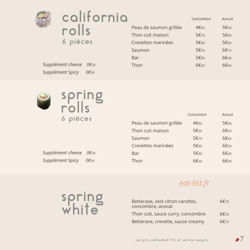 Carte et menu de Sushi by Les Caves Gourmandes à Gignac — Les california rolls, spring rolls, ...