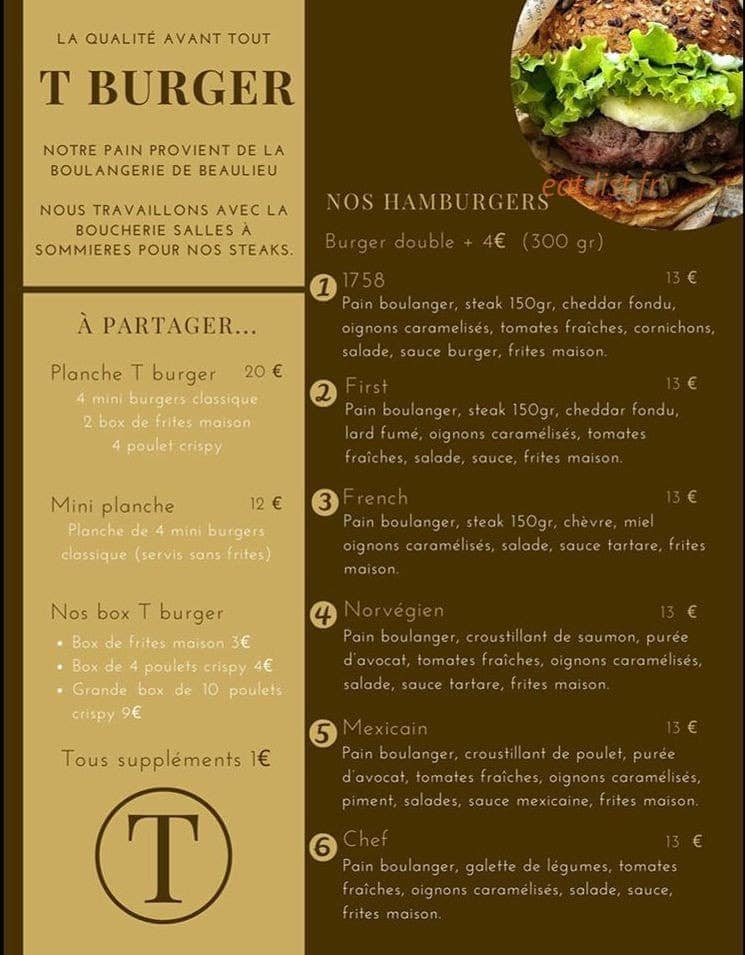 T burger — carte page 1
