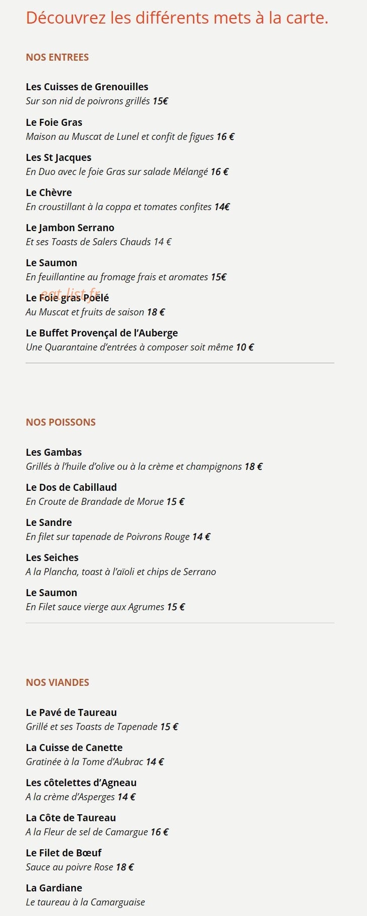 Carte et menu de Auberge du berange à Saint Genies des Mourgues — Les entrées, poissons et viandes