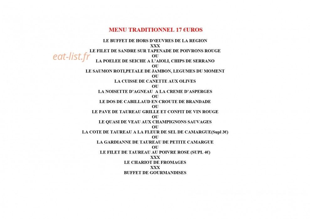 Carte et menu de Auberge du berange à Saint Genies des Mourgues — Le menu traditionnel