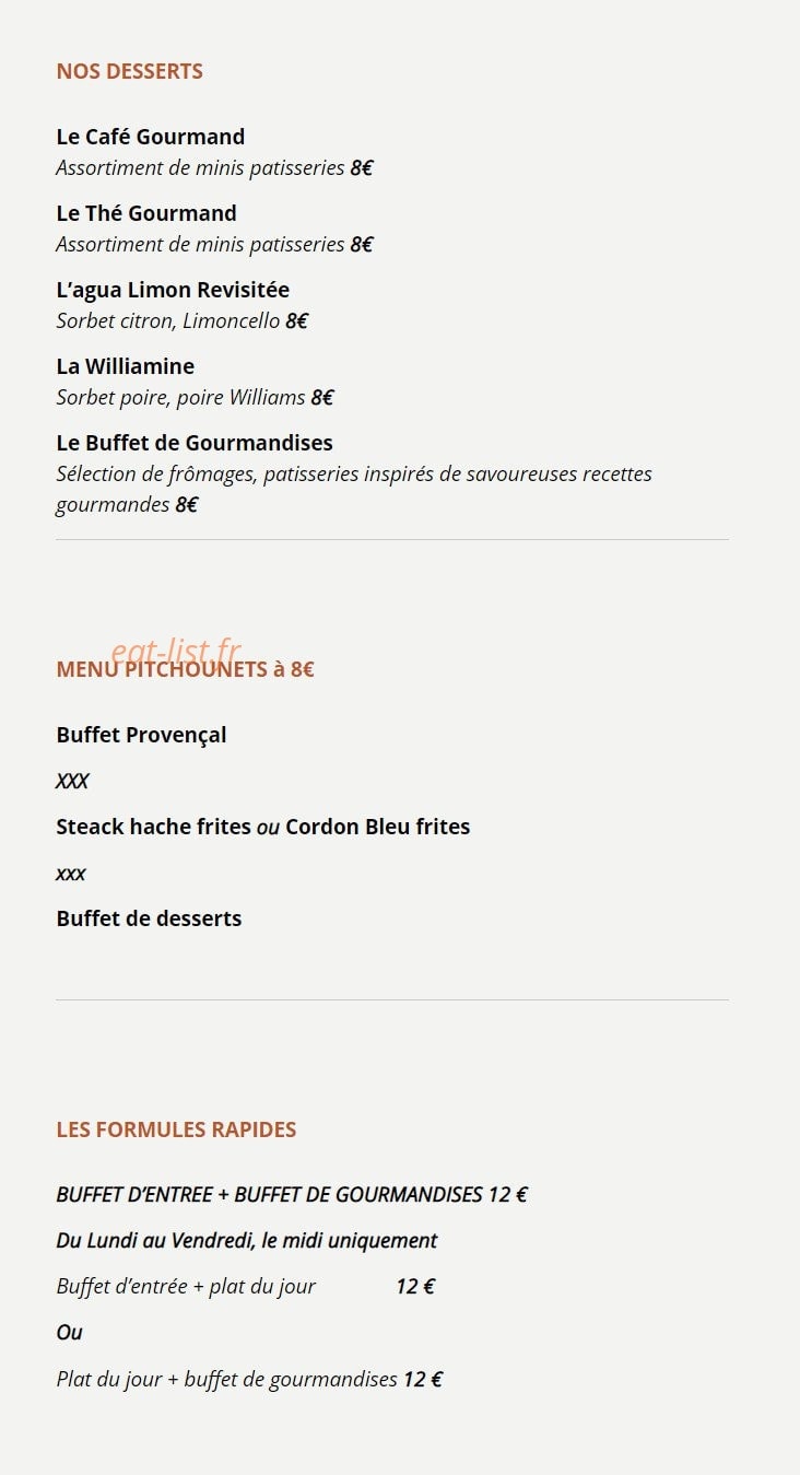 Carte et menu de Auberge du berange à Saint Genies des Mourgues — Les desserts, menu enfant et formules rapides