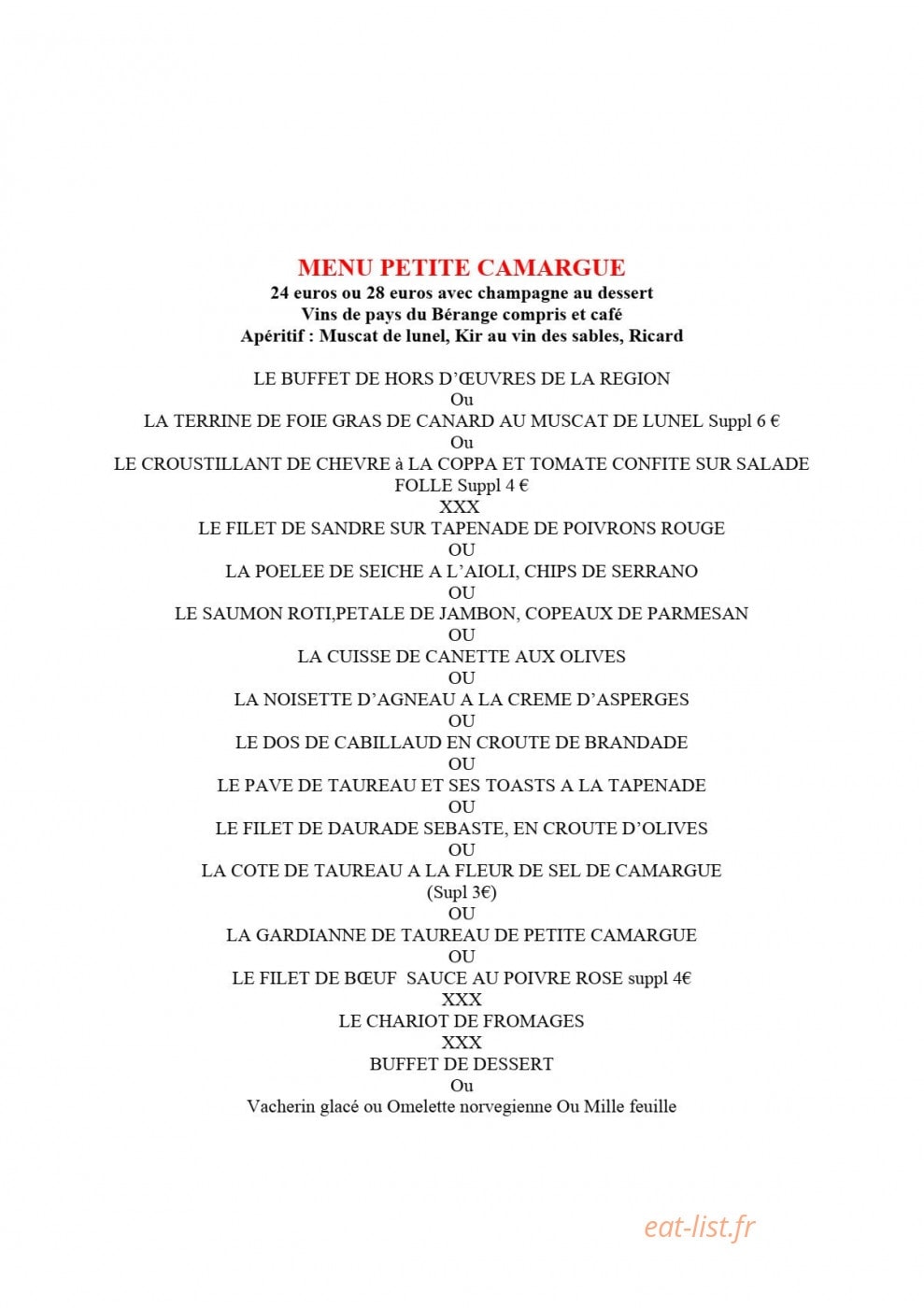 Carte et menu de Auberge du berange à Saint Genies des Mourgues — Le menu petite camargue