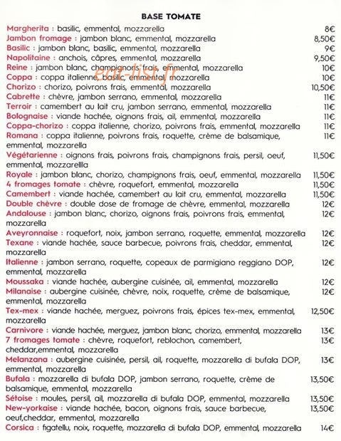 Carte et menu de Il forno à Sussargues — les pizzas base tomate