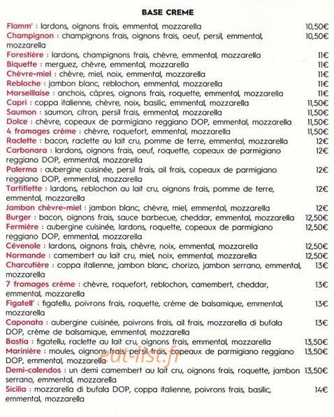 Carte et menu de Il forno à Sussargues — les pizzas base creme
