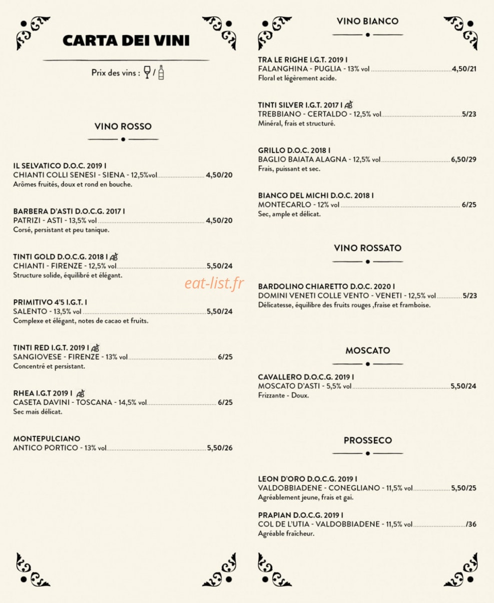Carte et menu de Bari Famiglie à Castelnau le Lez — Vins