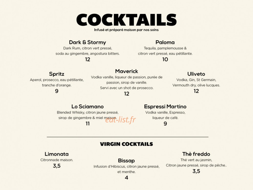 Carte et menu de Bari Famiglie à Castelnau le Lez — Cocktails