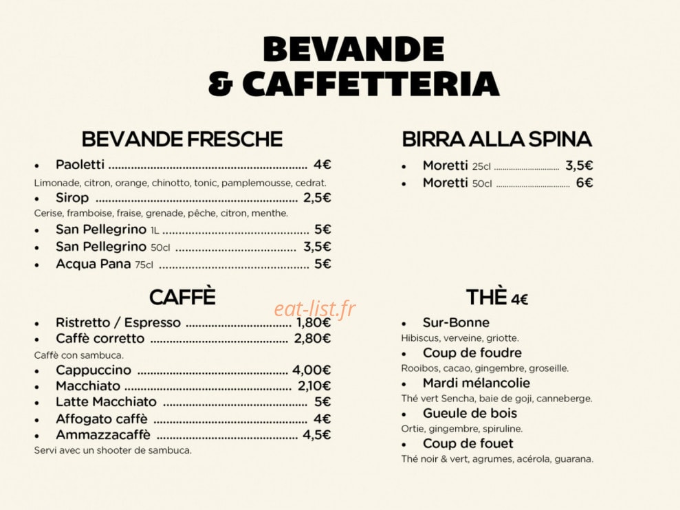 Carte et menu de Bari Famiglie à Castelnau le Lez — Cafés, thés et bières,..